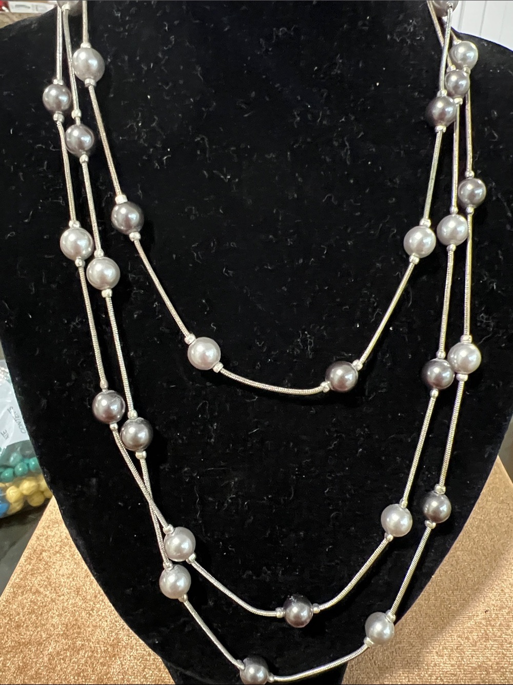 Layered Gray Pearl-Strand Necklace with Silver Tone Chains